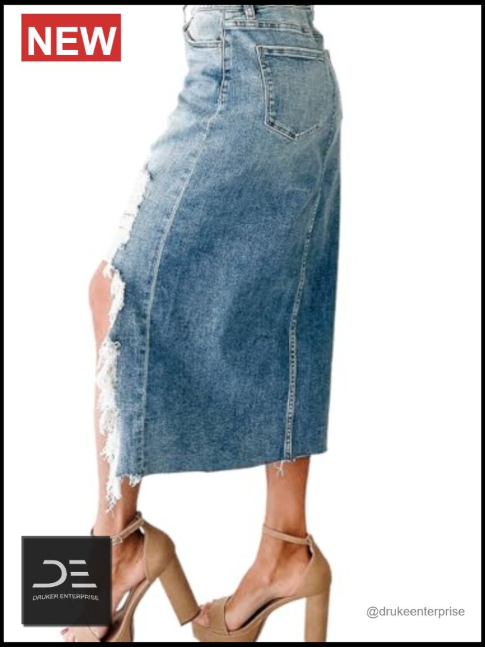 Preppy Ripped Slit Denim Skirt Frayed Raw Hem Asymmetrical Midi Western Jean - Picture 2 of 5